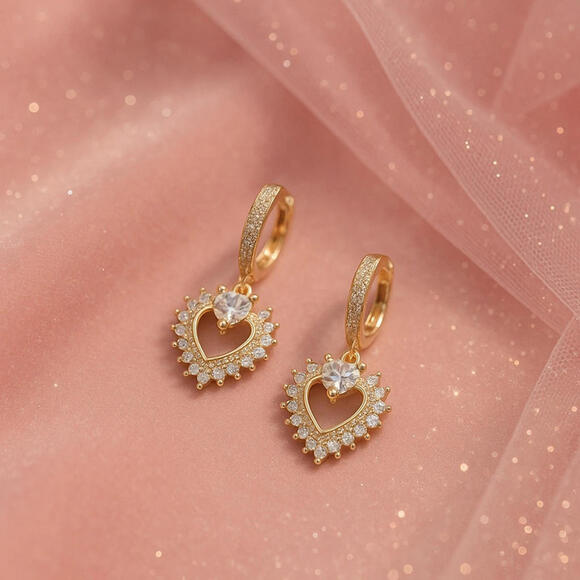 Jewelry - Gold Tone CZ Heart Drop Huggie Hoop Earrings Open Heart Halo Romantic